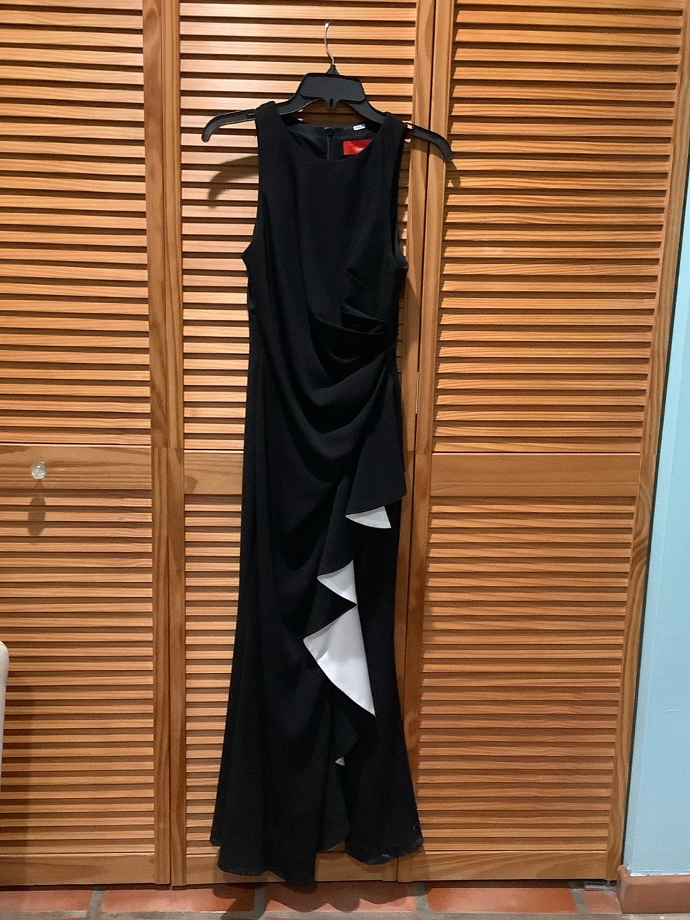 Carmen Marc Valvo Black Maxi Dress with White Cascade Detail